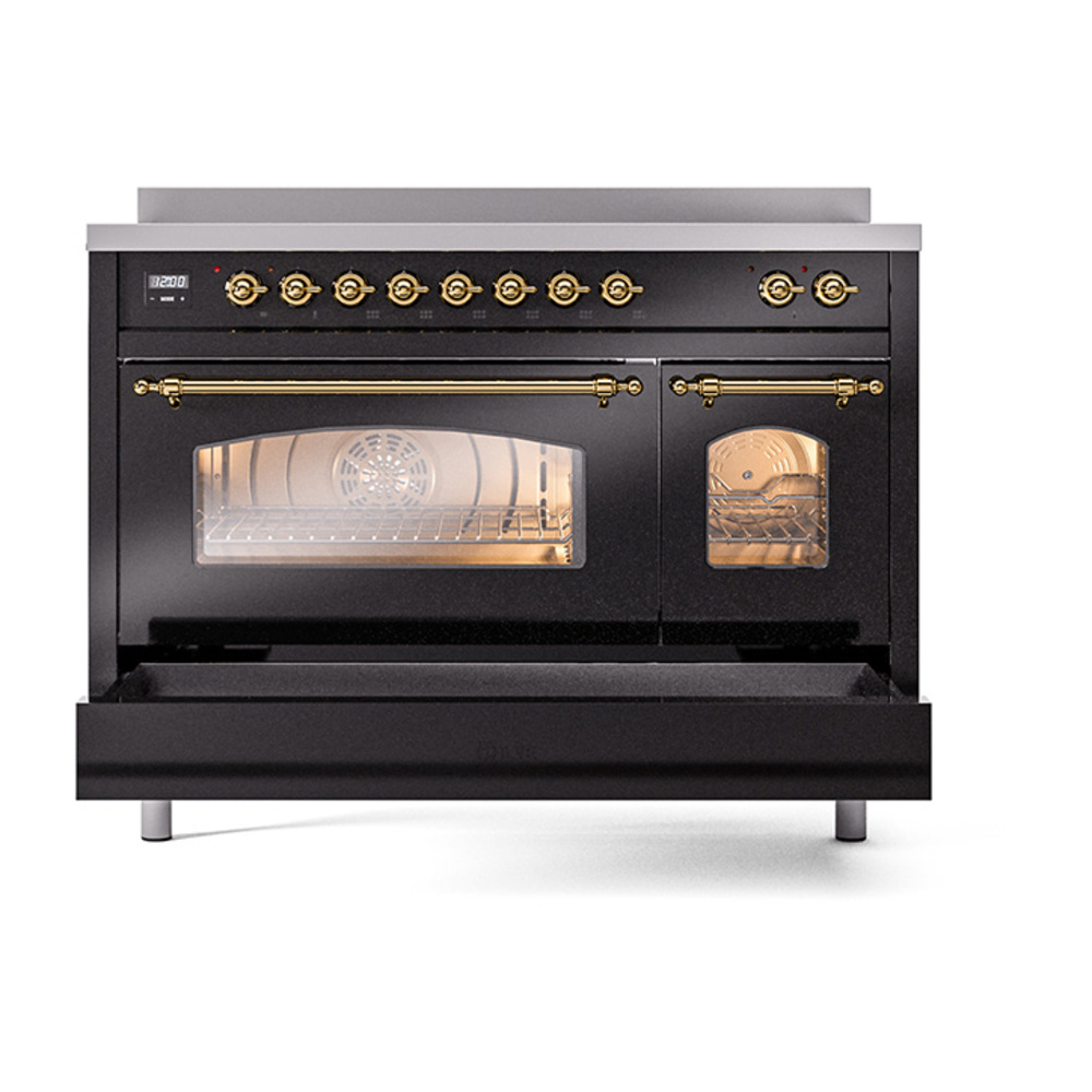 ILVE_UPI486NMPBKG_Nostalgie_II_48"_Dual_Fuel_Range_drawer_opened