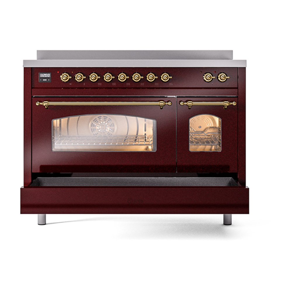 ILVE_UPI486NMPBUG_Nostalgie_II_48"_Dual_Fuel_Range_drawer_opened