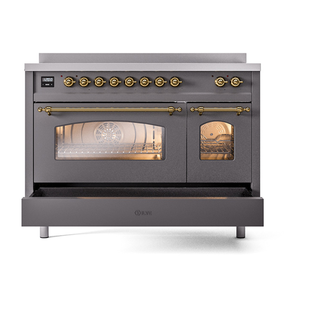 ILVE_UPI486NMPMGG_Nostalgie_II_48"_Dual_Fuel_Range_drawer_opened