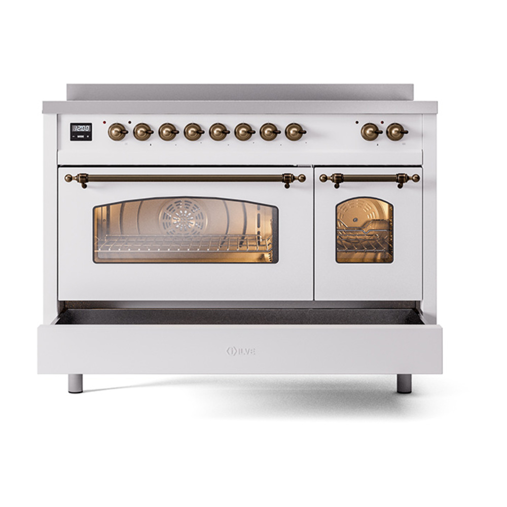 ILVE_UPI486NMPWHB_Nostalgie_II_48"_Dual_Fuel_Range_drawer_opened