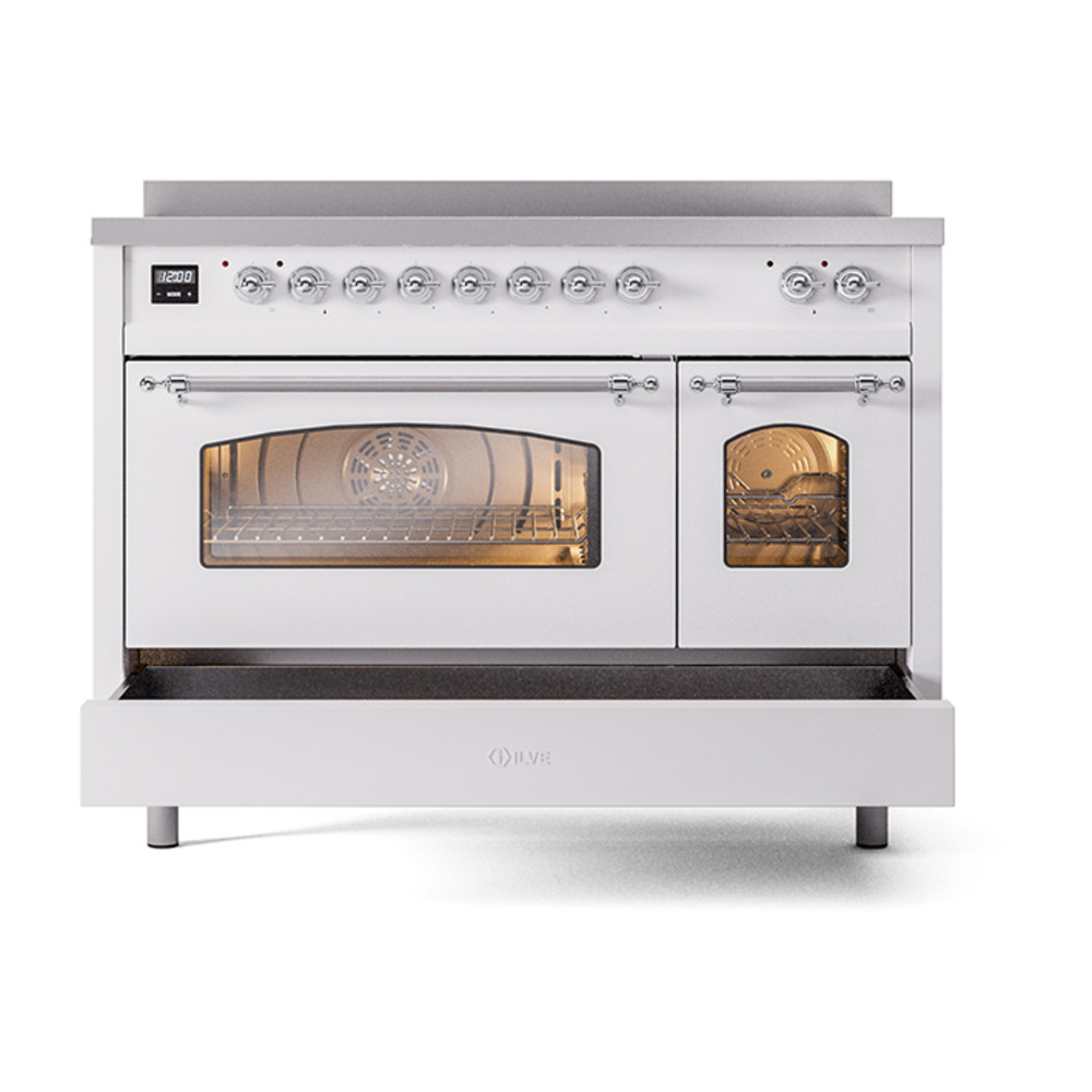 ILVE_UPI486NMPWHC_Nostalgie_II_48"_Dual_Fuel_Range_drawer_opened
