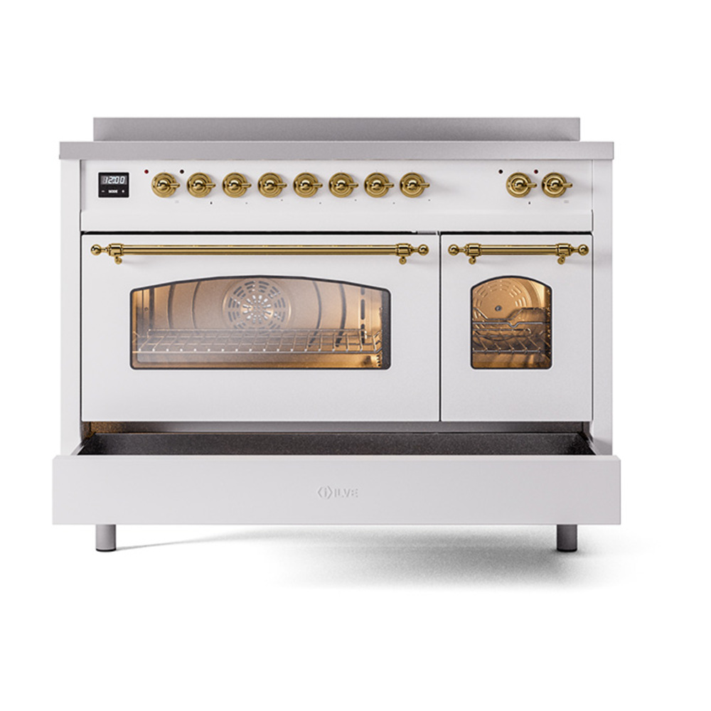 ILVE_UPI486NMPWHG_Nostalgie_II_48"_Dual_Fuel_Range_drawer_opened