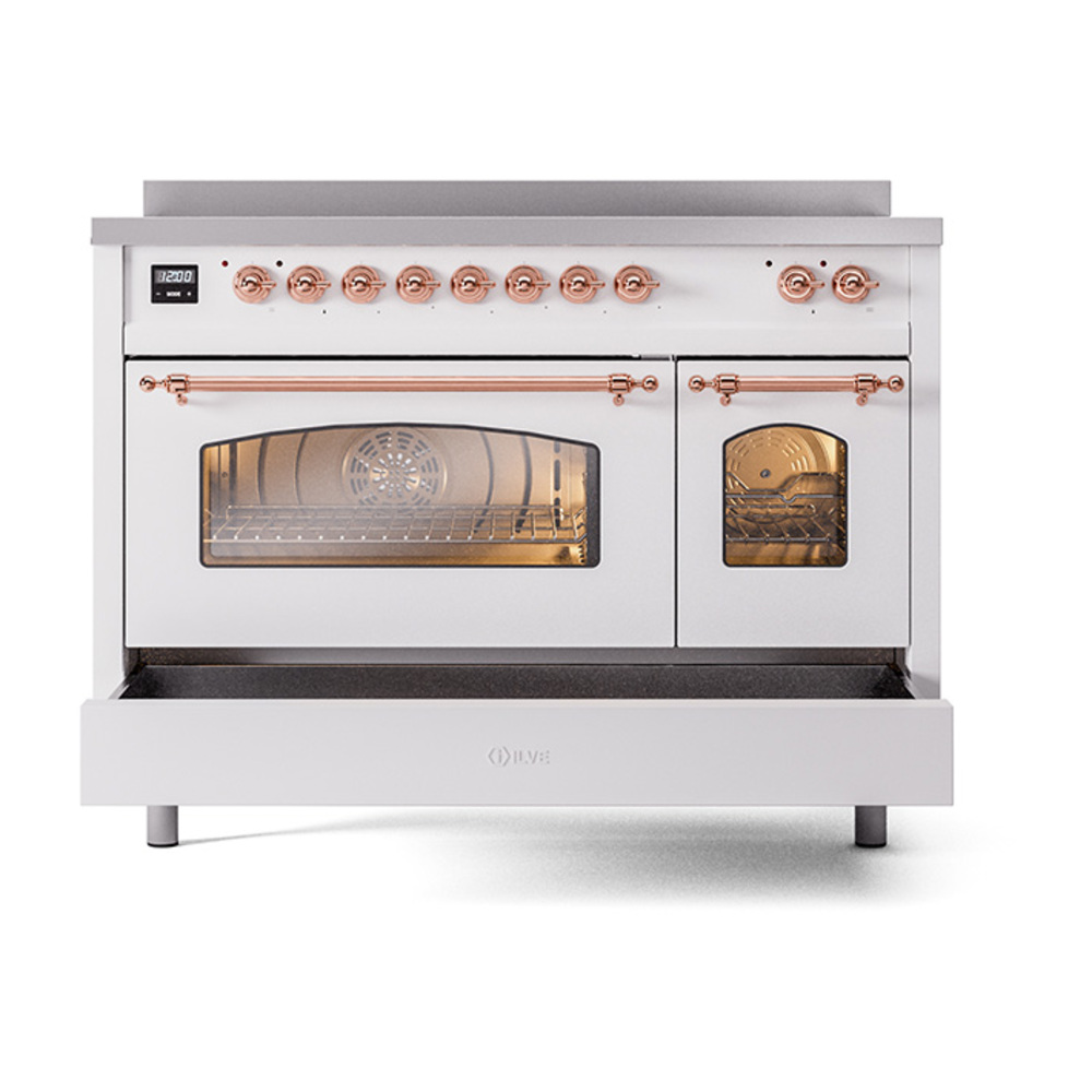 ILVE_UPI486NMPWHP_Nostalgie_II_48"_Dual_Fuel_Range_drawer_opened