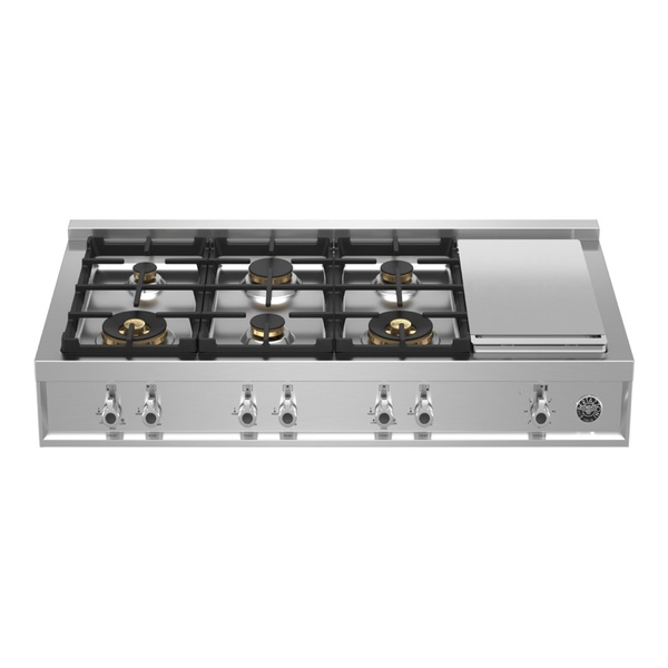 Bertazzoni PROF486GRTBXTLP 48 inch Professional Series Gas Rangetop with 6 Brass Sealed Burners, Electric Griddle, Cast Iron Grates, Failsafe Thermocouple Technology, in Stainless Steel (Liquid Propane)