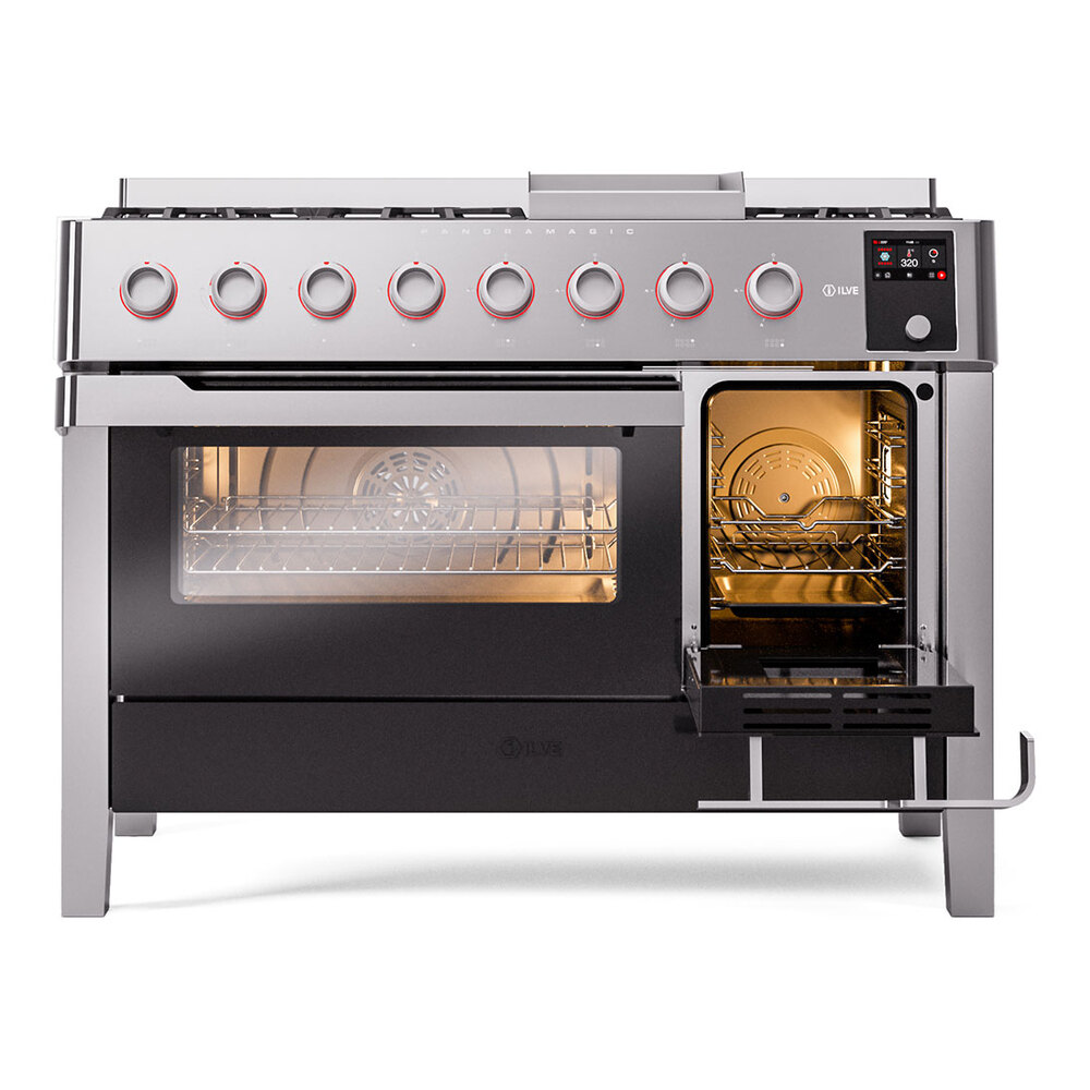 ILVE UPM12FDS3SS Panoramagic 48" Dual Fuel Range, side oven door opened