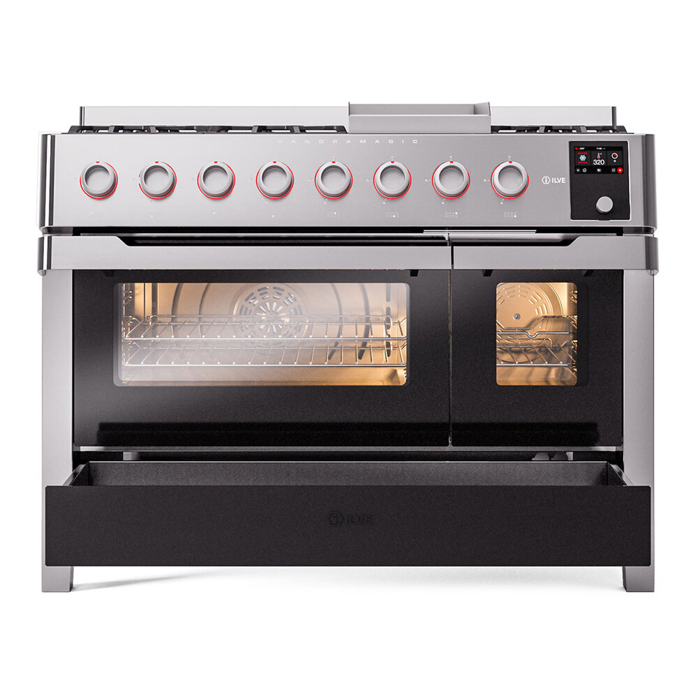 ILVE UPM12FDS3SS Panoramagic 48" Dual Fuel Range, drawer opened