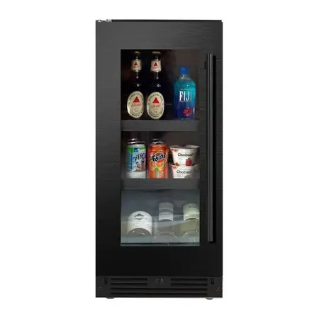XO XOU15BCGBSL 15 inch Undercounter Beverage Center with up to 66 Can Capacity, Tri-Color LED Interior Lighting, Secure Door Lock, Digital Touch Controls, Full Extension Clear Glass Shelves, in Black Stainless Steel (Left Hinge)