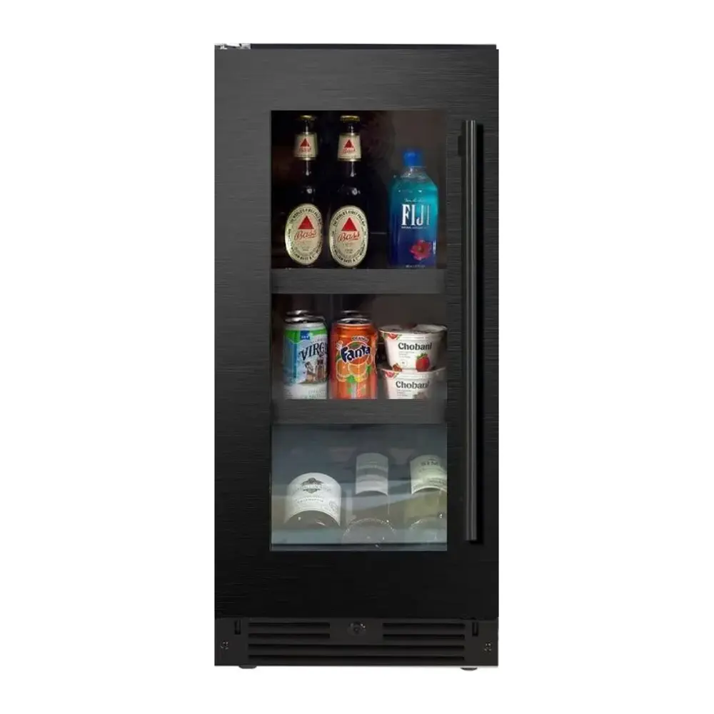 XO XOU15BCGBSL 15 inch Undercounter Beverage Center with up to 66 Can Capacity, Tri-Color LED Interior Lighting, Secure Door Lock, Digital Touch Controls, Full Extension Clear Glass Shelves, in Black Stainless Steel (Left Hinge)
