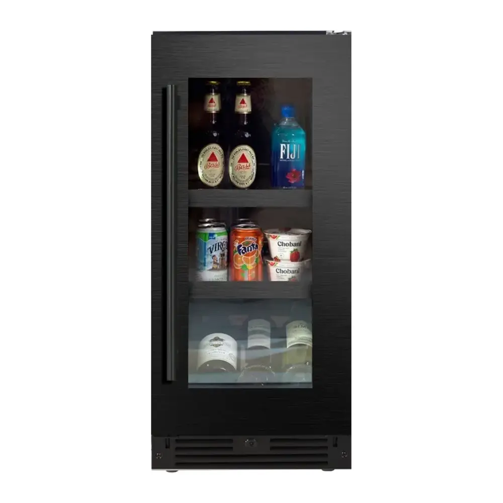 XO XOU15BCGBSR 15 inch Undercounter Beverage Center with up to 66 Can Capacity, Tri-Color LED Interior Lighting, Secure Door Lock, Digital Touch Controls, Full Extension Clear Glass Shelves, in Black Stainless Steel (Right Hinge)