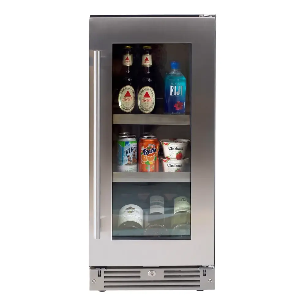 XO XOU15BCGSR 15 inch Undercounter Beverage Center with 66 Can Capacity, LED Lighting, Glass Shelves, Low-E Glass Door, Digital Temperature Control, Removable Wine Cradle, in Stainless Steel (Right Hinge)