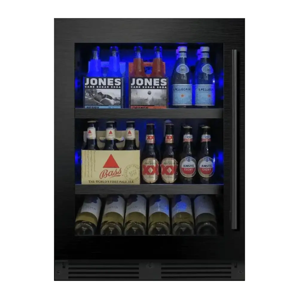XO XOU24BCGBSL 24 inch Beverage Center with 145 Can Capacity, Tri-Color LED Interior Lighting, Glass Shelves, Intuitive Digital Temperature, X-Active Circulation, in Black Stainless Steel (Left Hinge)