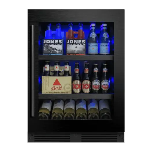 XO XOU24BCGBSR 24 inch Beverage Center with 145 Can Capacity, Tri-Color LED Interior Lighting, Glass Shelves, Intuitive Digital Temperature, X-Active Circulation, in Black Stainless Steel (Right Hinge)