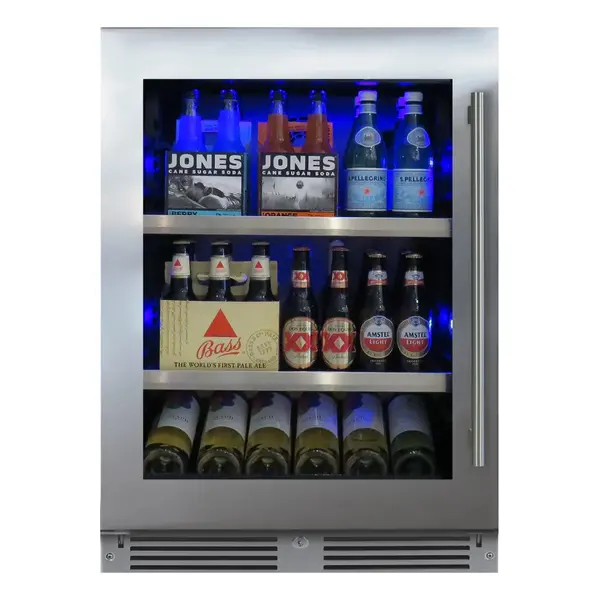 XO XOU24BCGSL 24 inch Beverage Center with 145 Can Capacity, Tri-Color LED Interior Lighting, Glass Shelves, Intuitive Digital Temperature, X-Active Circulation, in Stainless Steel (Left Hinge)