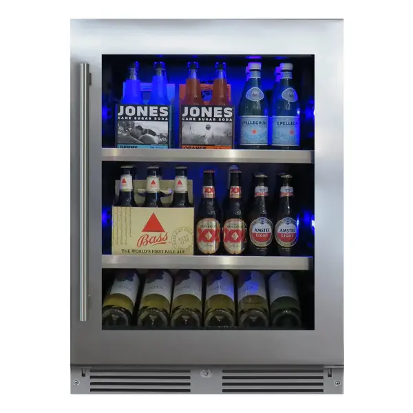 XO XOU24BCGSR 24 inch Beverage Center with 145 Can Capacity, Tri-Color LED Interior Lighting, Glass Shelves, Intuitive Digital Temperature, X-Active Circulation, in Stainless Steel (Right Hinge)