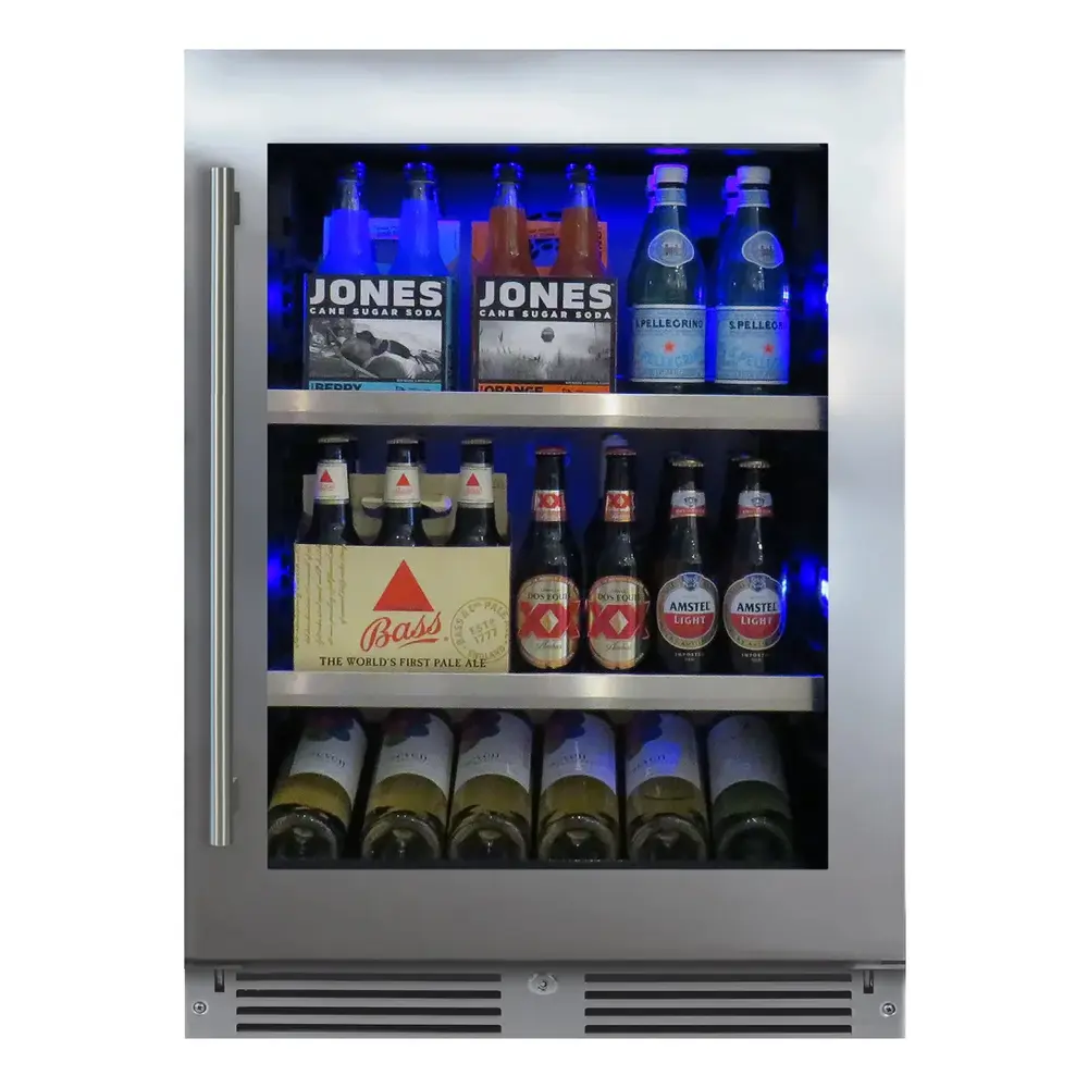 XO XOU24BCGSR 24 inch Beverage Center with 145 Can Capacity, Tri-Color LED Interior Lighting, Glass Shelves, Intuitive Digital Temperature, X-Active Circulation, in Stainless Steel (Right Hinge)