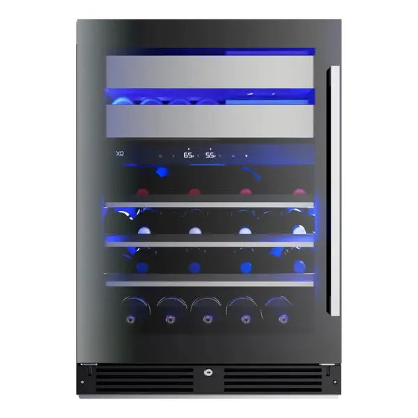 XO XOU24WWGBL 24 inch Undercounter Wine and Weed Preservation System with 5.7 cu. ft. Capacity, Dual Zones, 2 Glide Out Cedar Drawer, Secure Lock and Key, Tri-Color Illumination, Alarm Function, Sabbath Mode, Low E Glass in Black Glass  (Left Hinge)