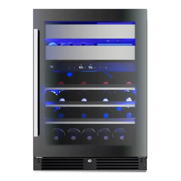 XO XOU24WWGBR 24 inch Undercounter Wine and Weed Preservation System with 5.7 cu. ft. Capacity, Dual Zones, 2 Glide Out Cedar Drawer, Secure Lock and Key, Tri-Color Illumination, Alarm Function, Sabbath Mode, Low E Glass in Black Glass  (Right Hinge)
