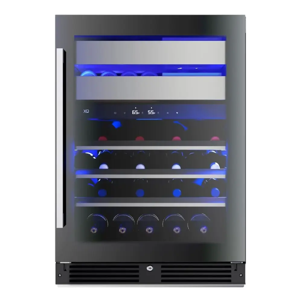 XO XOU24WWGBR 24 inch Undercounter Wine and Weed Preservation System with 5.7 cu. ft. Capacity, Dual Zones, 2 Glide Out Cedar Drawer, Secure Lock and Key, Tri-Color Illumination, Alarm Function, Sabbath Mode, Low E Glass in Black Glass  (Right Hinge)
