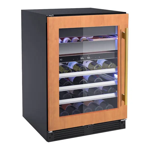 XO XOU24WWGOL 24 inch Undercounter Wine and Weed Preservation System with 5.7 cu. ft. Capacity, Dual Zones, 2 Glide Out Cedar Drawer, Secure Lock and Key,Tri-Color Illumination, Alarm Function, Sabbath Mode, Low E Glass, in Panel Ready (Left Hinge)