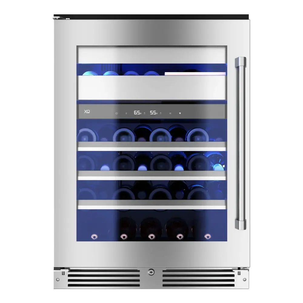 XO XOU24WWGSL 24 inch Undercounter Wine and Weed Preservation System with 5.7 cu. ft. Capacity, Dual Zones, 2 Glide Out Cedar Drawer, Secure Lock and Key, Tri-Color Illumination, Alarm Function, Sabbath Mode, Low E Glass, in Stainless Steel (Left Hinge)
