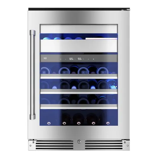 XO XOU24WWGSR 24 inch Undercounter Wine and Weed Preservation System with 5.7 cu. ft. Capacity, Dual Zones, 2 Glide Out Cedar Drawer, Secure Lock and Key, Tri-Color Illumination, Alarm Function, Sabbath Mode, Low E Glass, in Stainless Steel (Right Hinge)