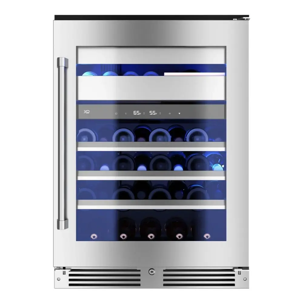 XO XOU24WWGSR 24 inch Undercounter Wine and Weed Preservation System with 5.7 cu. ft. Capacity, Dual Zones, 2 Glide Out Cedar Drawer, Secure Lock and Key, Tri-Color Illumination, Alarm Function, Sabbath Mode, Low E Glass, in Stainless Steel (Right Hinge)