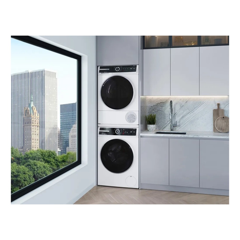 Bosch 500 Series Compact Stacked Laundry Pair with WGB24600UC 24 inch Washer WQB245B0UC 24 inch Heat Pump Dryer and WTZSB30UC Stacking Kit White