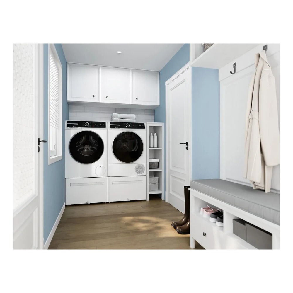 Bosch 500 Series Compact Laundry Pair with WGB24600UC 24 inch Washer WQB245B0UC 24 inch Heat Pump Dryer WTZPW20D and WMZPW20W Pedestal White