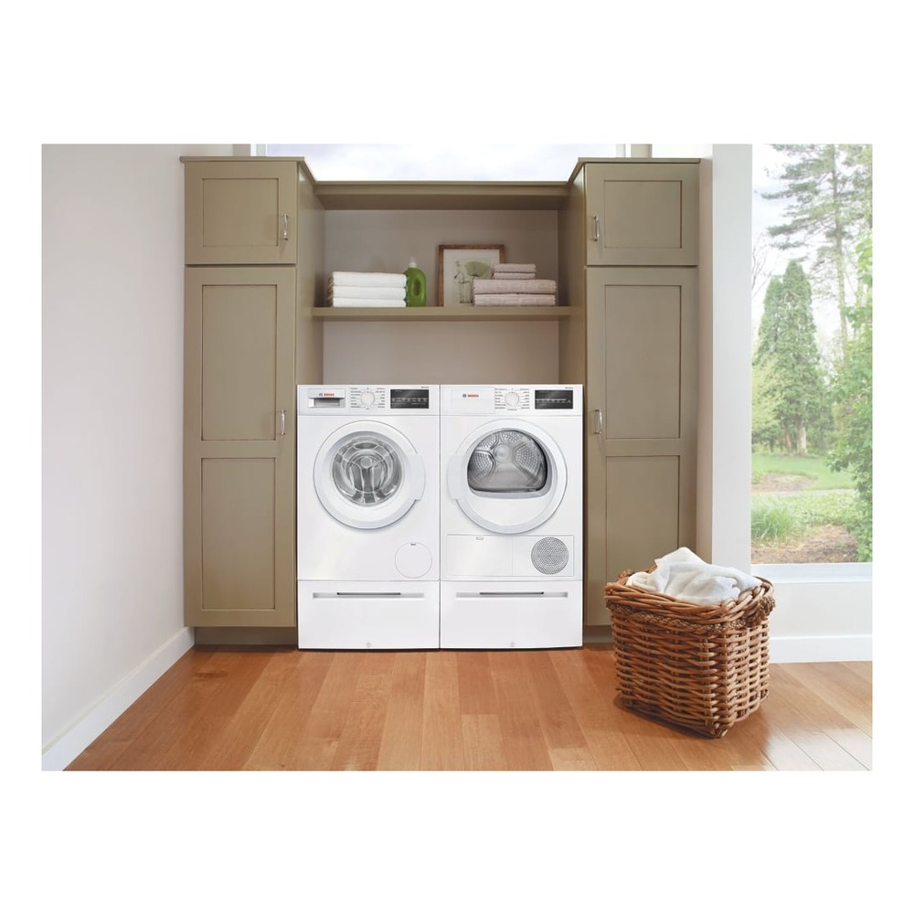 Bosch Stacked Laundry Pair with WGA12400UC 24 inch Front Load Washer and WTG86403UC 24 inch Ventless Electric Dryer in White Homery
