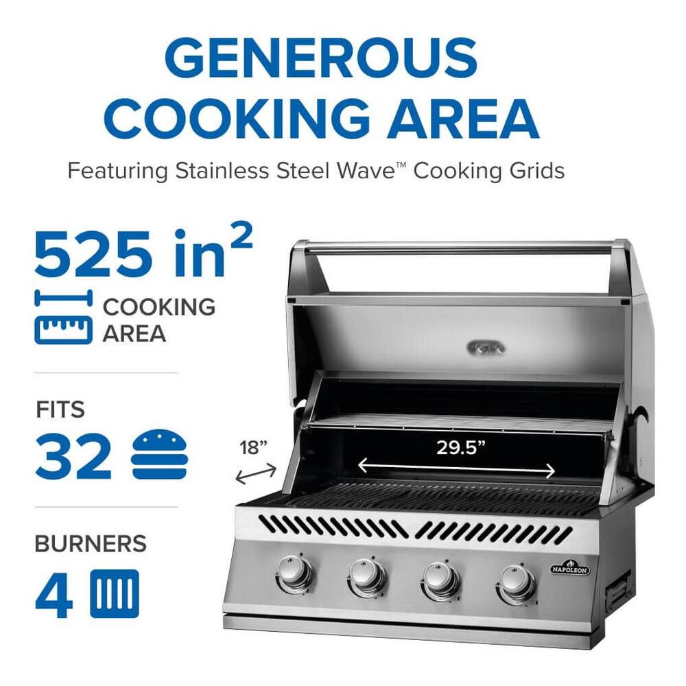 Napoleon BI32PSS 500 Series 34 inch Built-In Gas Grill with 786 sq. in Cooking Area, 48000 Total BTU, ACCU-PROBE™ Temperature Gauge, Iconic WAVE™ Cooking Grids, JETFIRE™ Ignition System, in Stainless Steel