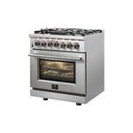 Forno FFSGS612530 Massimo Series 30 inch Freestanding Dual Fuel Range with 5 Sealed Burners with 4.32 cu. ft. Capacity, Continuous Cast Iron Grates, Insulated Oven Door, Dual-Ring Burner, in Stainless Steel
