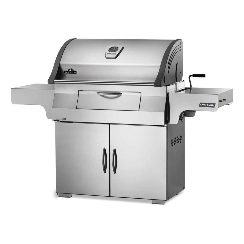 Napoleon PRO605CSS Professional 605 68 inch Freestanding Charcoal Grill with 850 sq. in Cooking Area, Integrated Tool Hooks, Two Charcoal Dividers, Chrome Plated Handles, in Stainless Steel