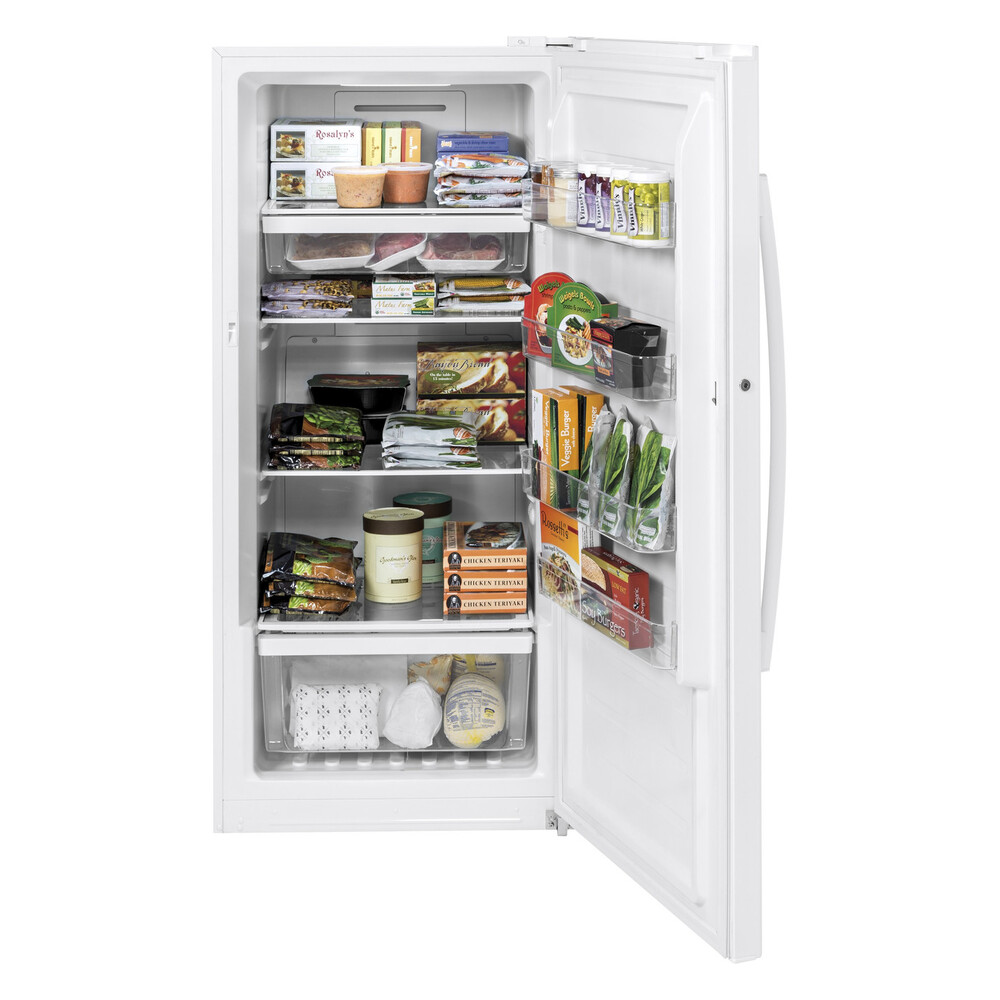 GE FUF14DLRWW 28 Inch Upright Freezer with 14.1 Storage Capacity, Garage Ready, Turbo Freeze, Audible Temperature Alarm, LED Interior Lighting in White