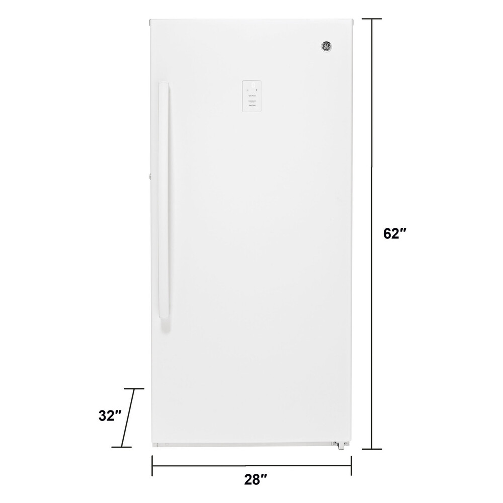 GE FUF14DLRWW 28 Inch Upright Freezer with 14.1 Storage Capacity, Garage Ready, Turbo Freeze, Audible Temperature Alarm, LED Interior Lighting in White