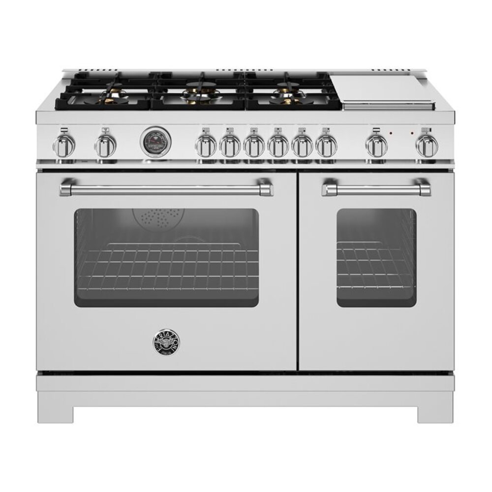 Bertazzoni-MAS486BTFEPXT-48 inch Dual Fuel Range, 6 Brass Burners and Griddle, Electric Self-Clean Oven