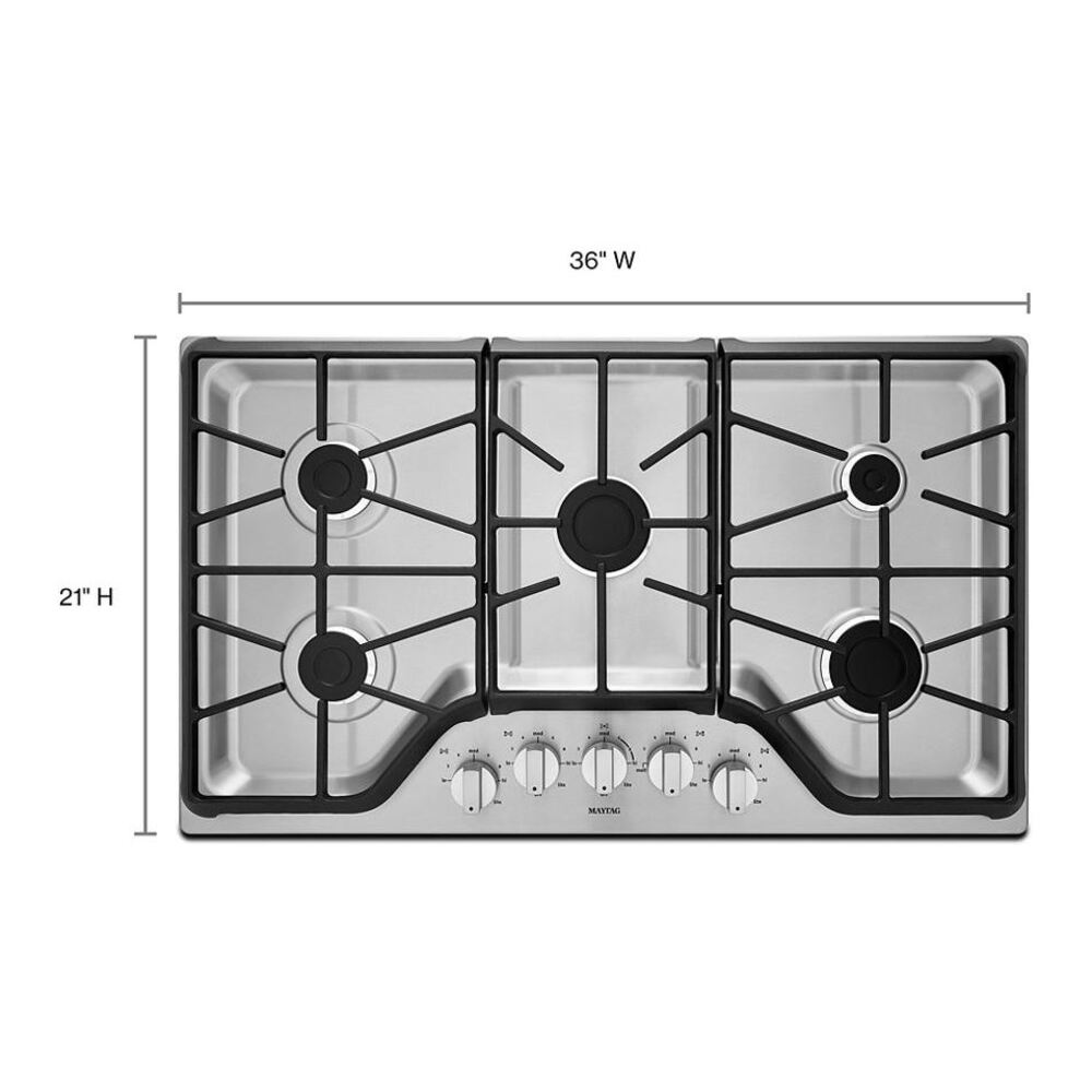Maytag MGC7536DS 36 inch Gas Cooktop with 5 Sealed Burners, 15000 BTU Heating Power, Front Knob Control in Stainless Steel