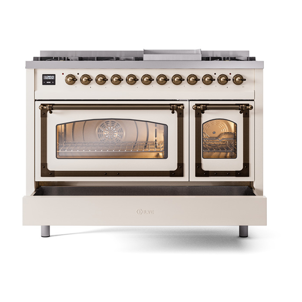 ILVE_UN48FNMPAWBLP_Nostalgie_II_48"_Dual_Fuel_Range_drawer_opened