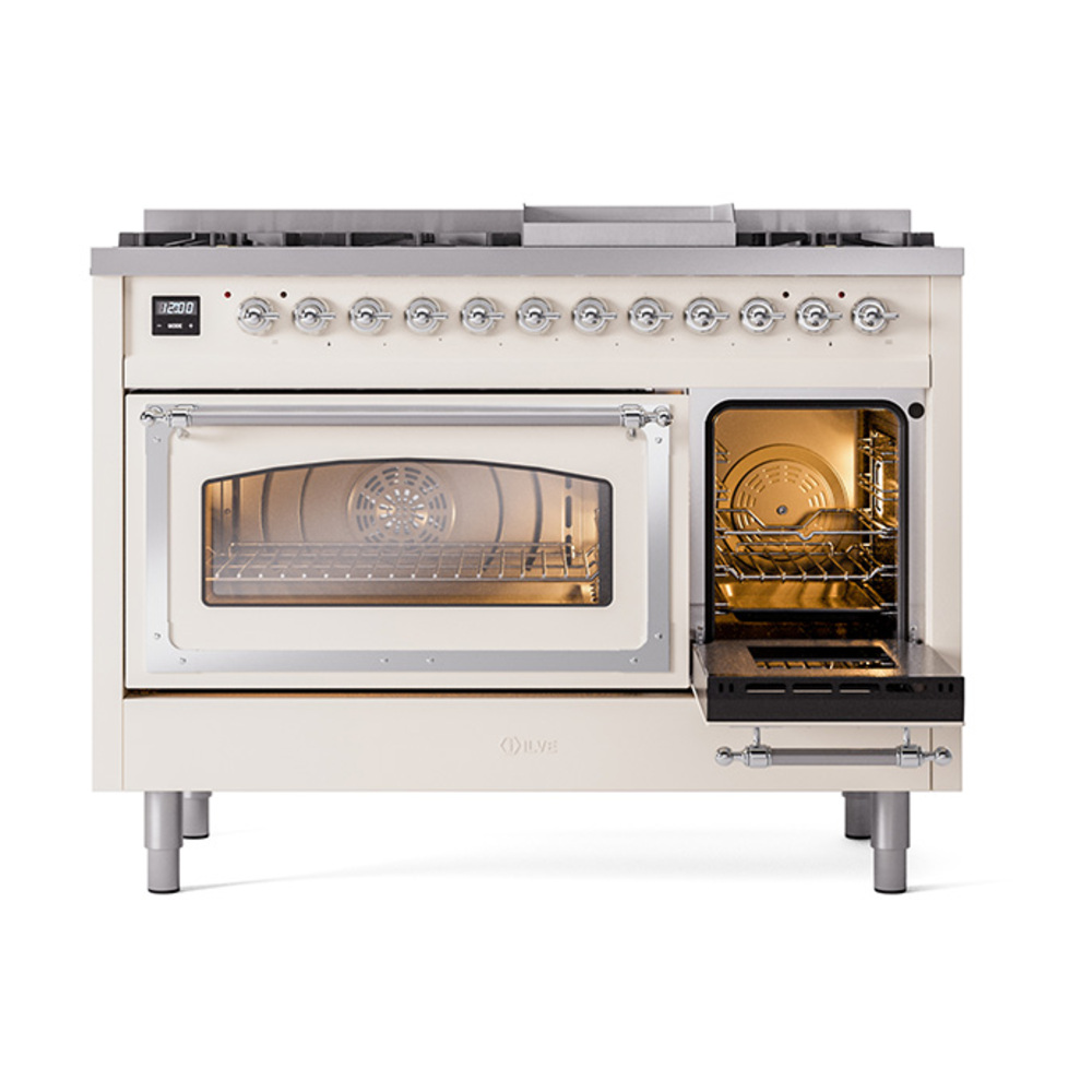 ILVE_UN48FNMPAWCLP_Nostalgie_II_48"_Dual_Fuel_Range_side_oven_door_opened