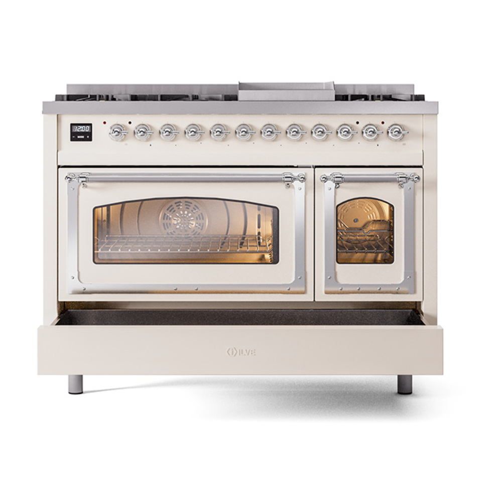 ILVE_UN48FNMPAWCLP_Nostalgie_II_48"_Dual_Fuel_Range_drawer_opened
