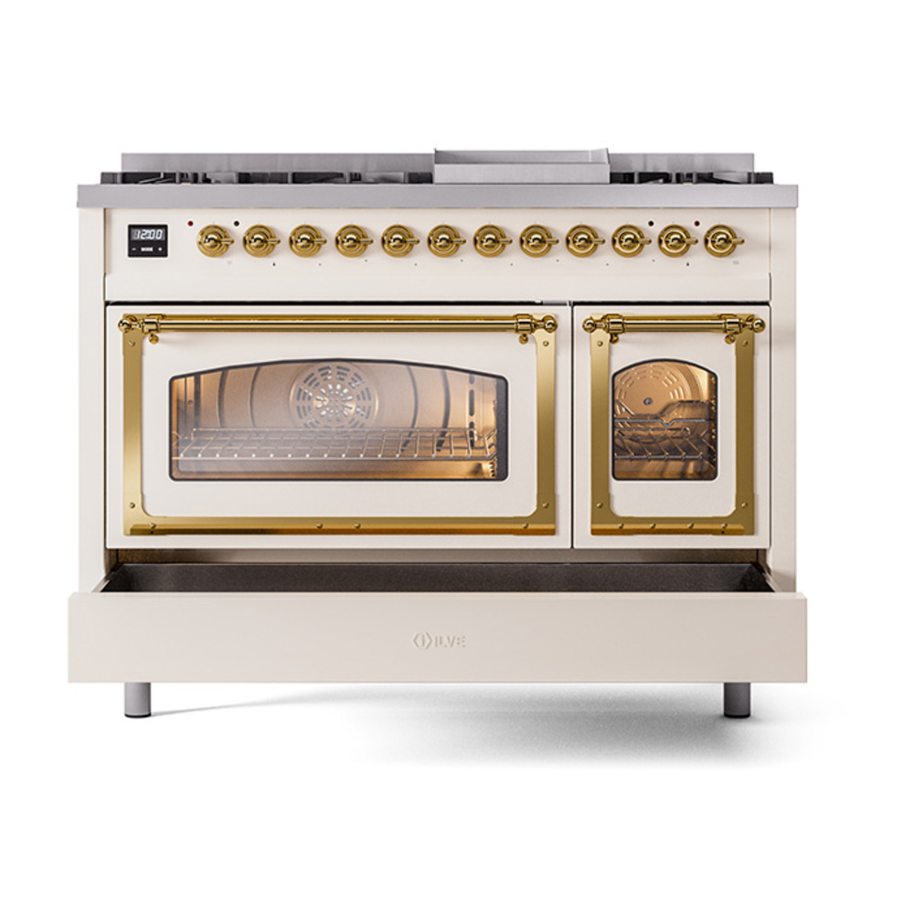 ILVE_UN48FNMPAWGLP_Nostalgie_II_48"_Dual_Fuel_Range_drawer_opened