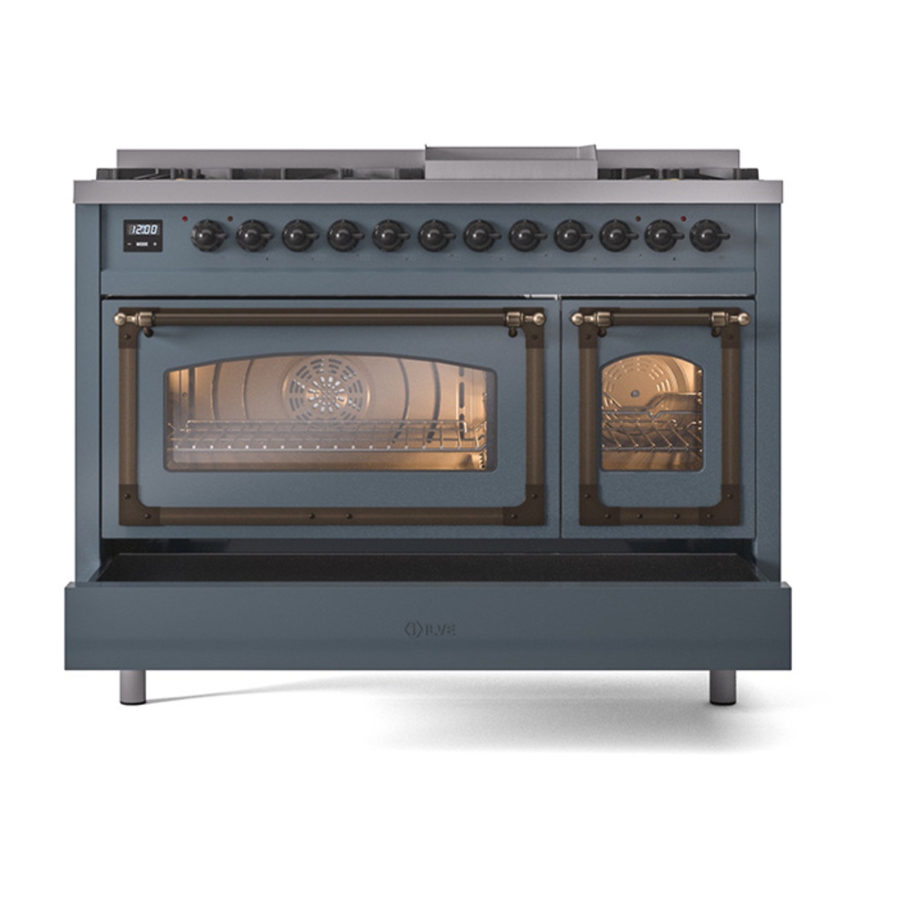 ILVE_UN48FNMPBGBLP_Nostalgie_II_48"_Dual_Fuel_Range_drawer_opened