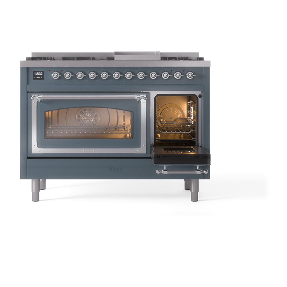 ILVE_UN48FNMPBGCLP_Nostalgie_II_48"_Dual_Fuel_Range_side_oven_door_opened