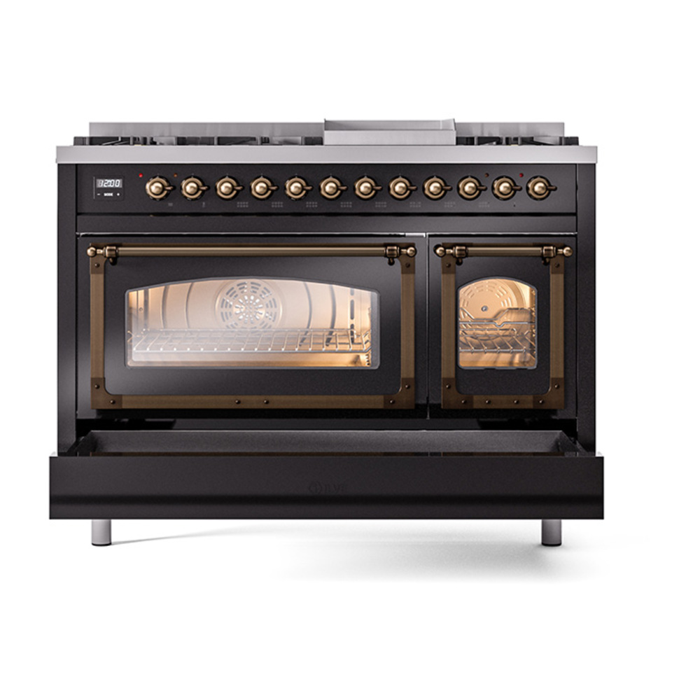 ILVE_UN48FNMPBKB_Nostalgie_II_48"_Dual_Fuel_Range_drawer_opened