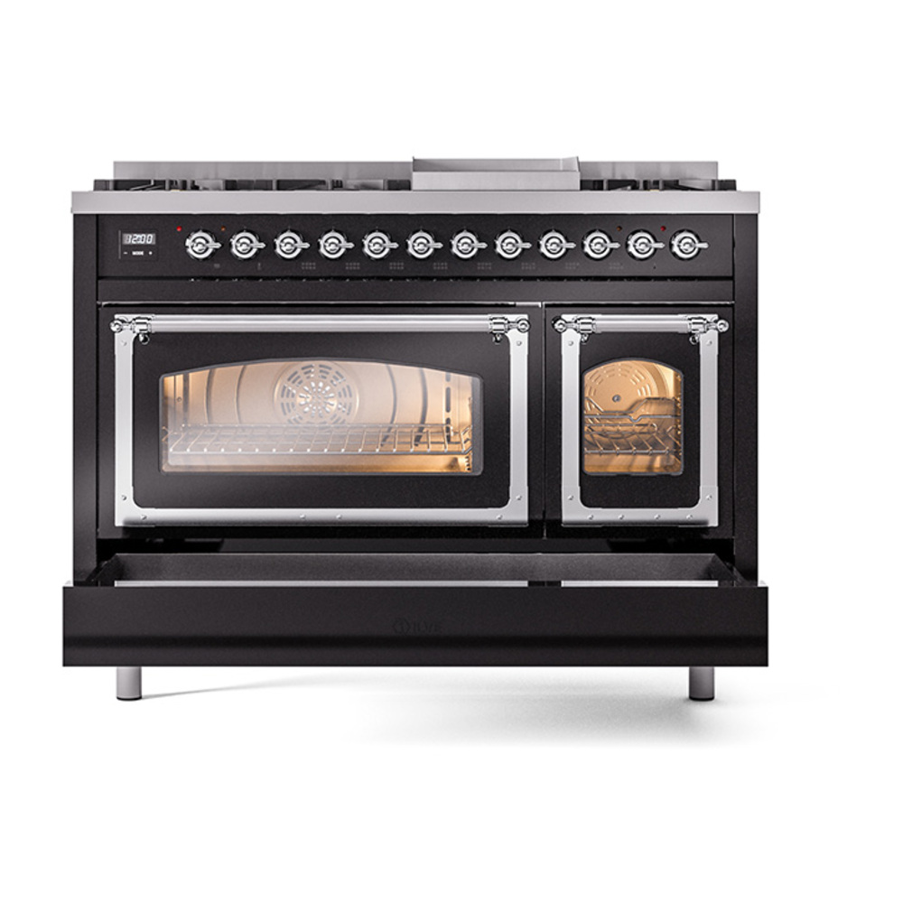 ILVE_UN48FNMPBKC_Nostalgie_II_48"_Dual_Fuel_Range_drawer_opened