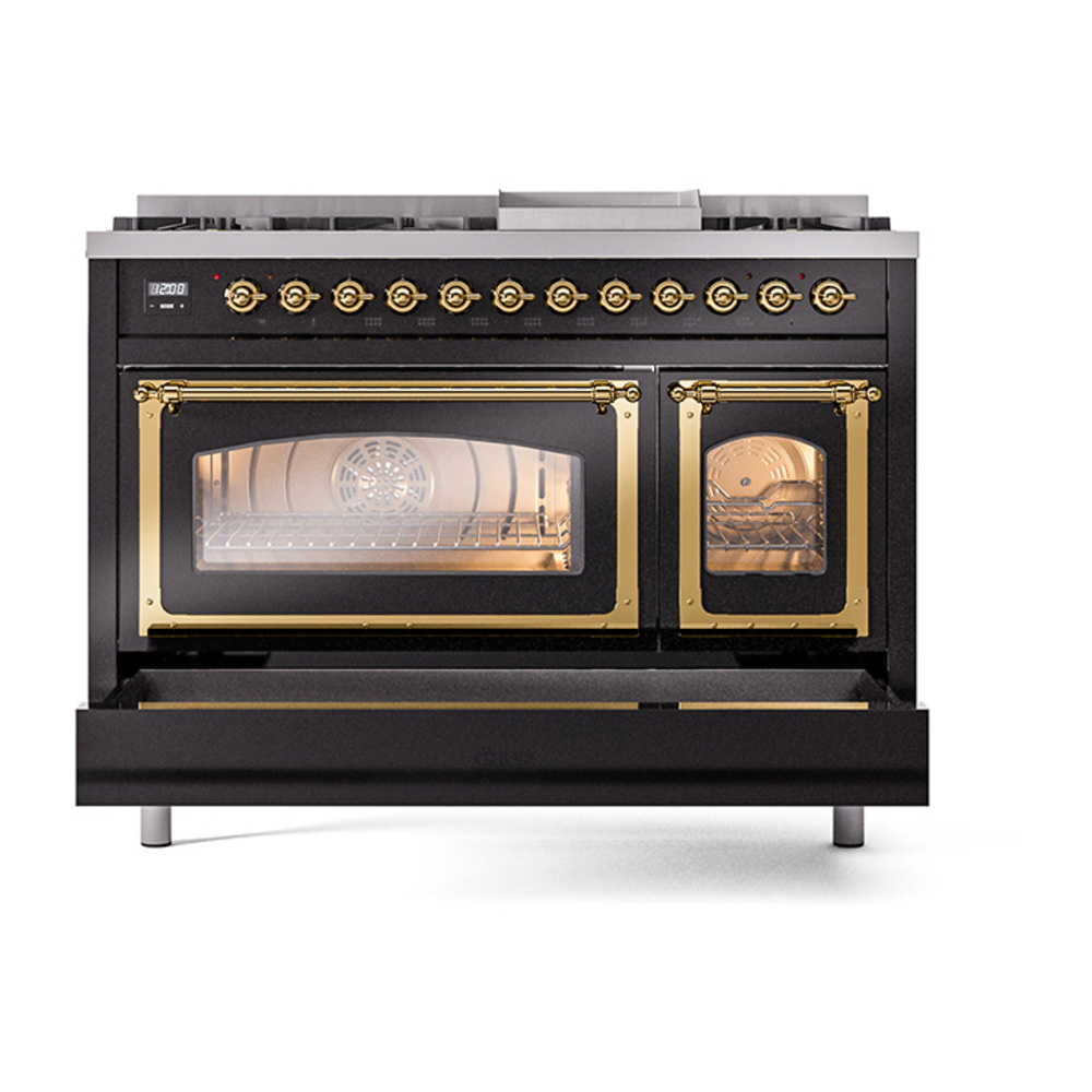 ILVE_UN48FNMPBKGLP_Nostalgie_II_48"_Dual_Fuel_Range_drawer_opened