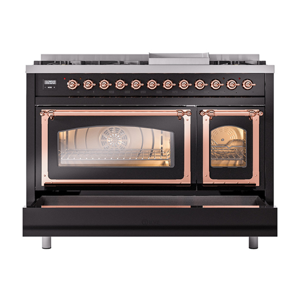 ILVE_UN48FNMPBKPLP_Nostalgie_II_48"_Dual_Fuel_Range_drawer_opened