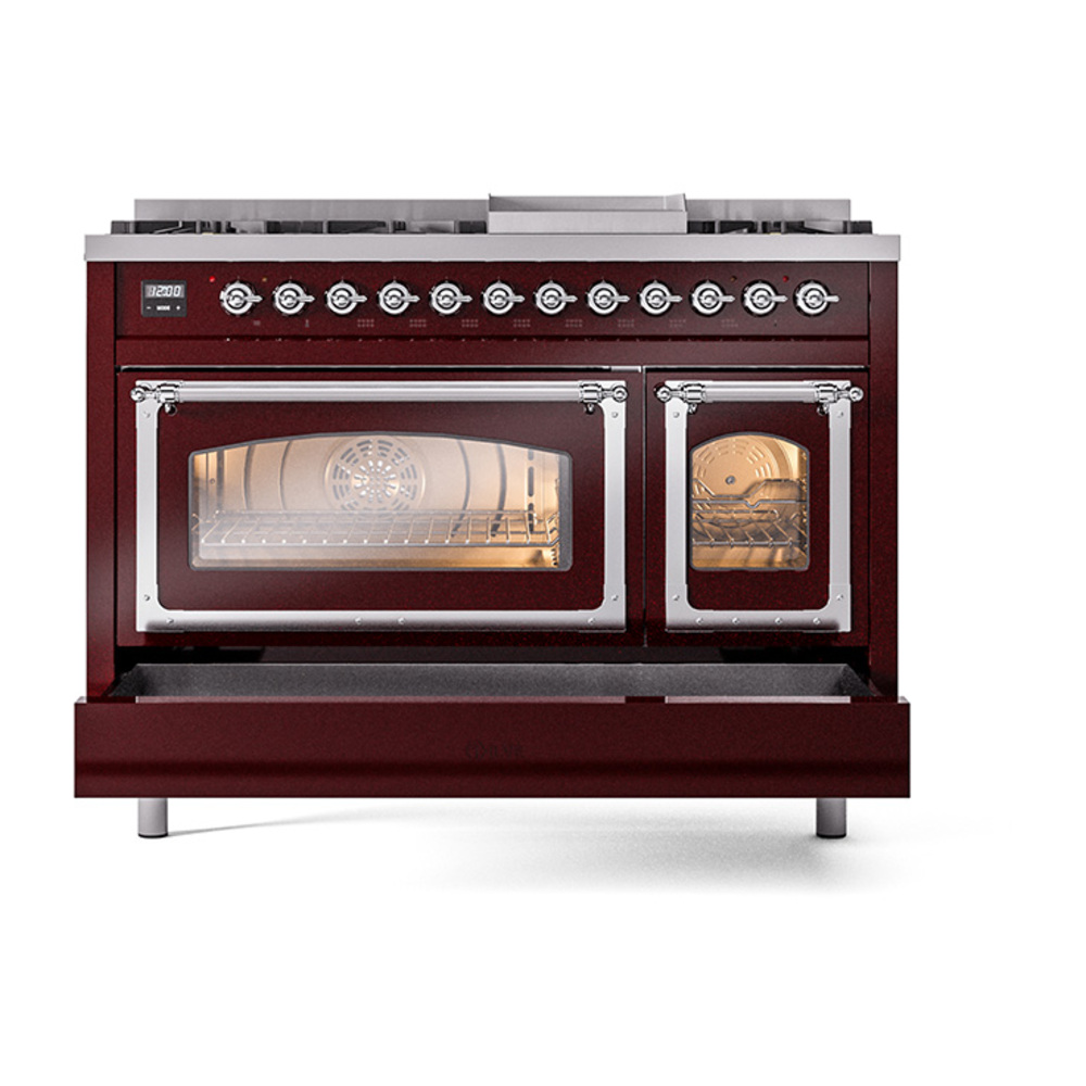 ILVE_UN48FNMPBUCLP_Nostalgie_II_48"_Dual_Fuel_Range_drawer_opened