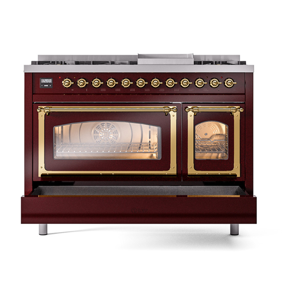 ILVE_UN48FNMPBUGLP_Nostalgie_II_48"_Dual_Fuel_Range_drawer_opened