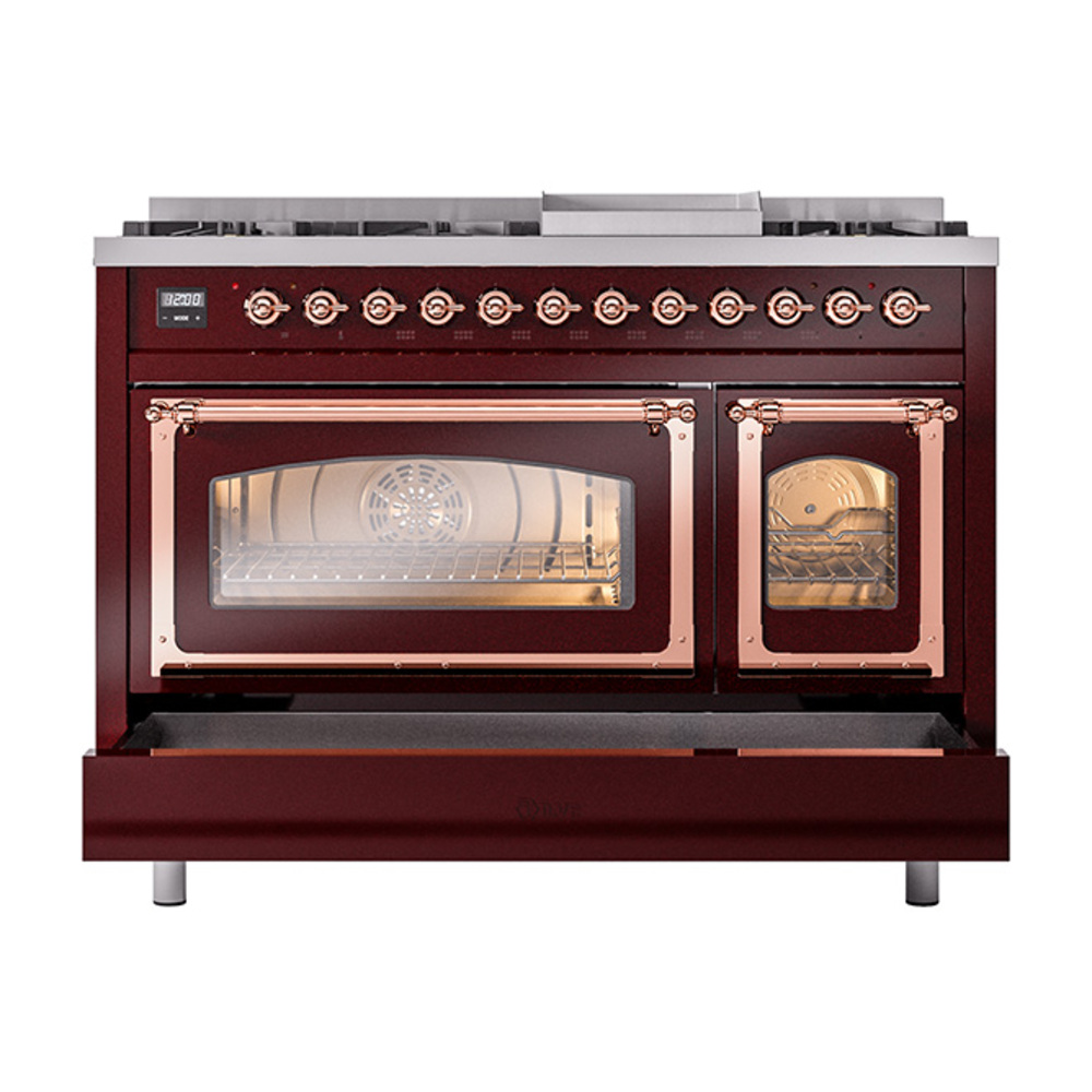 ILVE_UN48FNMPBUP_Nostalgie_II_48"_Dual_Fuel_Range_drawer_opened