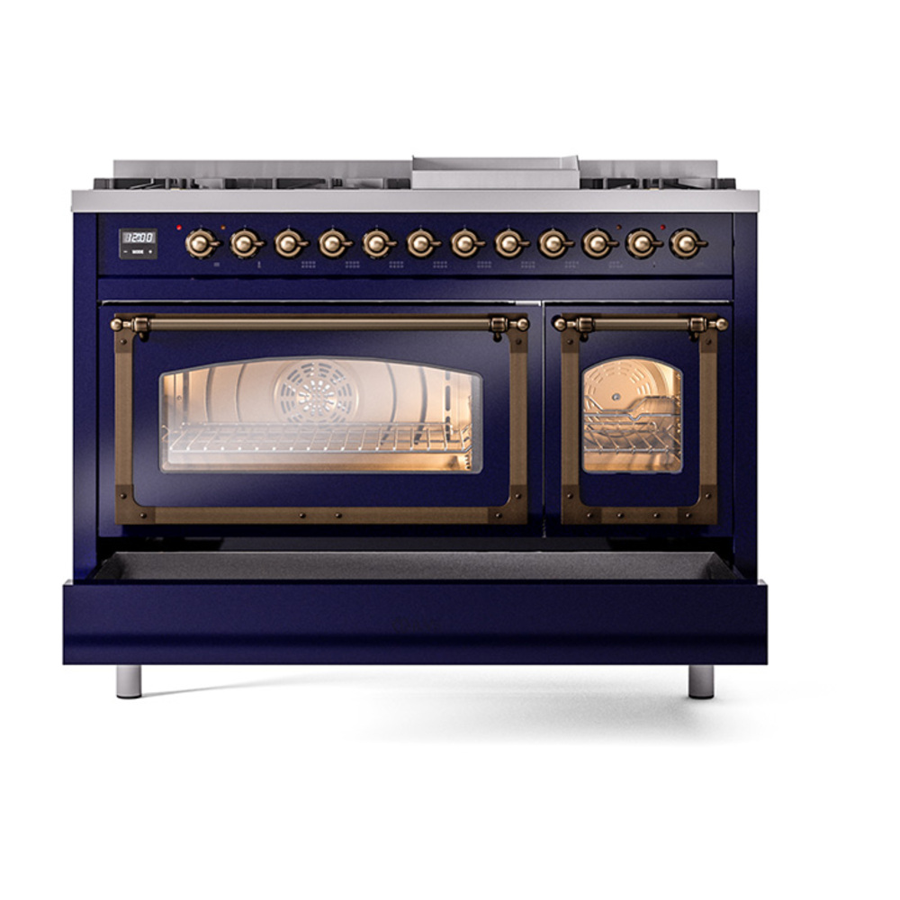 ILVE_UN48FNMPMBB_Nostalgie_II_48"_Dual_Fuel_Range_drawer_opened
